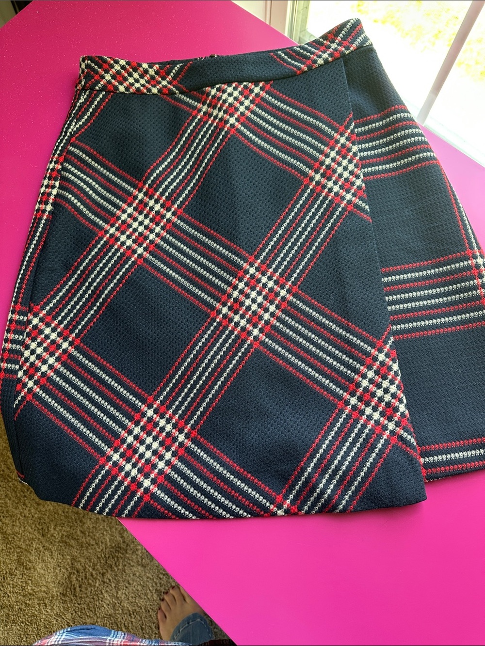 Halogen Navy Plaid A-Line Skirt with Red Accent